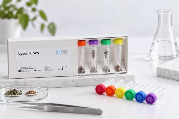 Color-coded lysis tubes for DNA and RNA extraction displayed with plant sample material and laboratory equipment.